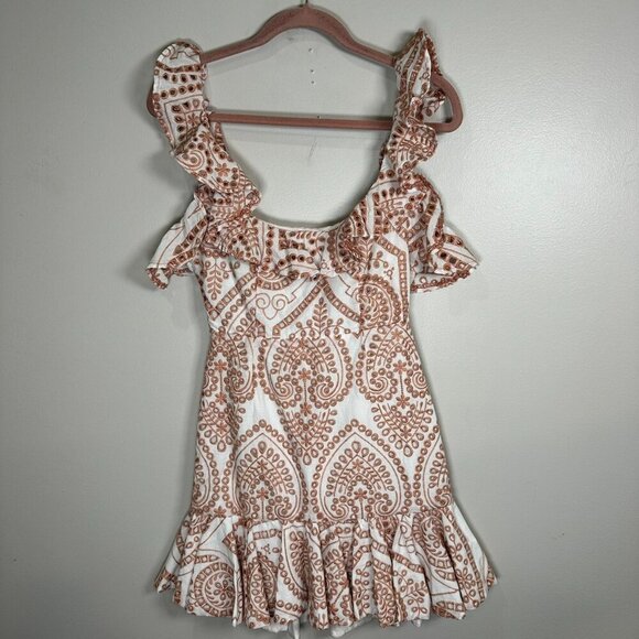 Bardot Eliza Eyelet Ruffle Mini Dress Size 6 White Pink Preppy Brunch Cotton NWT - Picture 2 of 13